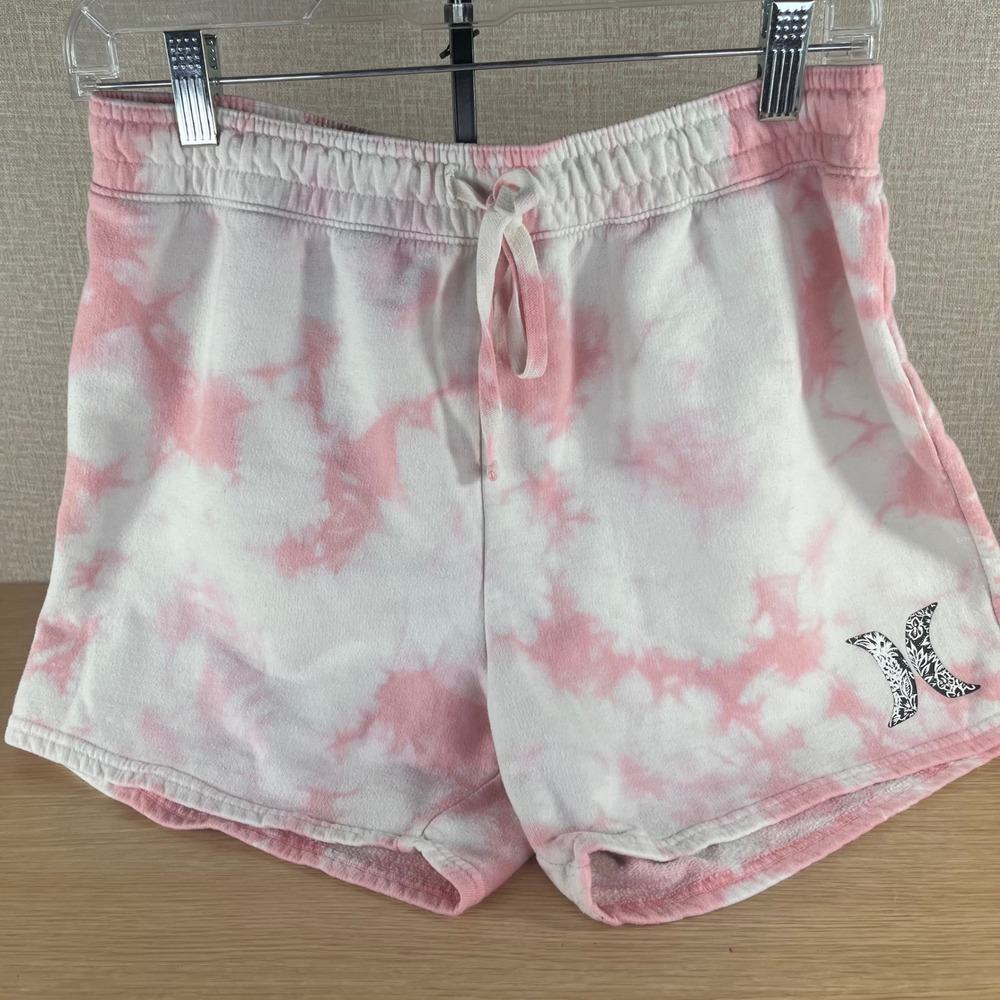 Hurley Womens Pink White Tie Dye Fleece Lounge Shorts SizeMedium Drawstring Logo